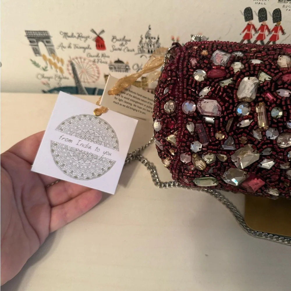 From India To You Beaded Cylinder Clutch Bag Burgundy Crystal Evening Crossbody - Picture 3 of 6